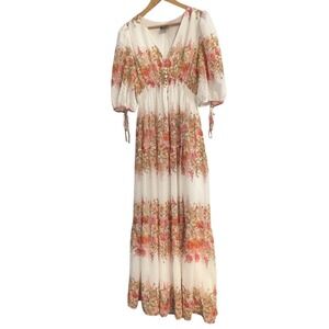 Taylor Boho Cottagecore Coral Floral Maxi Dress Swiss Dot Chiffon Size 8 V-Neck